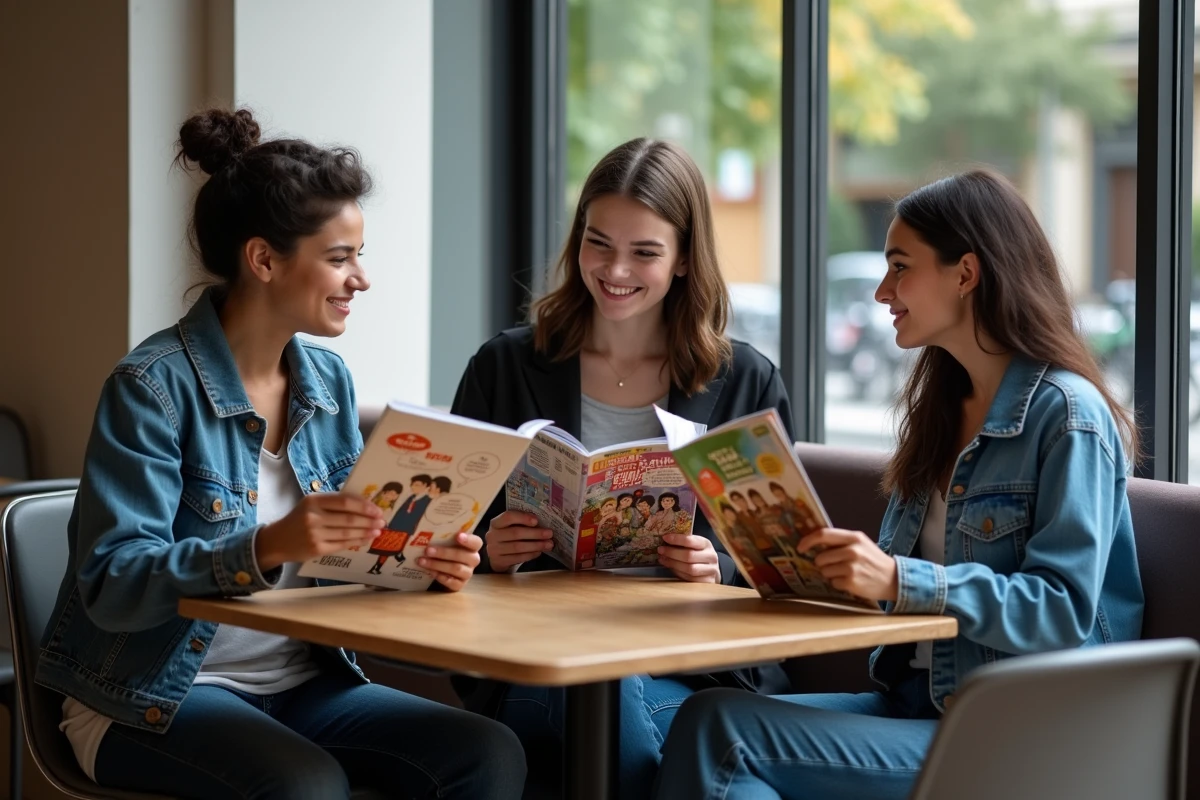 Trois jeunes adultes lisant manga dans un café parisien