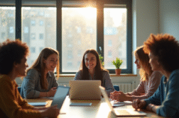 Groupe d'étudiants universitaires collaborant dans une salle lumineuse