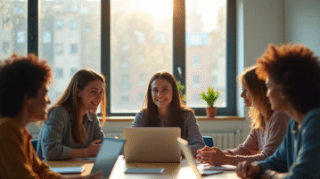 Groupe d'étudiants universitaires collaborant dans une salle lumineuse