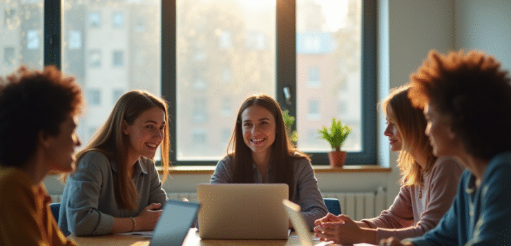 Groupe d'étudiants universitaires collaborant dans une salle lumineuse