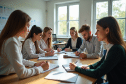 Jeunes enseignants étudiant des matériaux pédagogiques dans une classe lumineuse