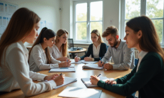 Jeunes enseignants étudiant des matériaux pédagogiques dans une classe lumineuse