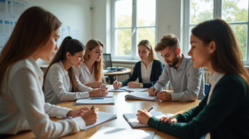 Jeunes enseignants étudiant des matériaux pédagogiques dans une classe lumineuse