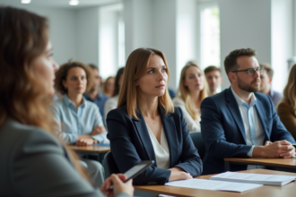 Groupe de professionnels en formation immobiliere en salle moderne