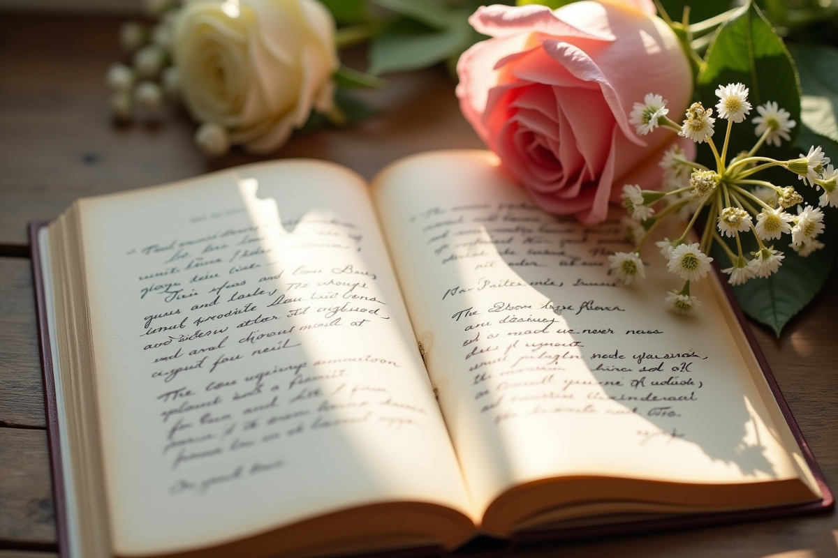 Livre d or ouvert avec fleurs et messages écrits