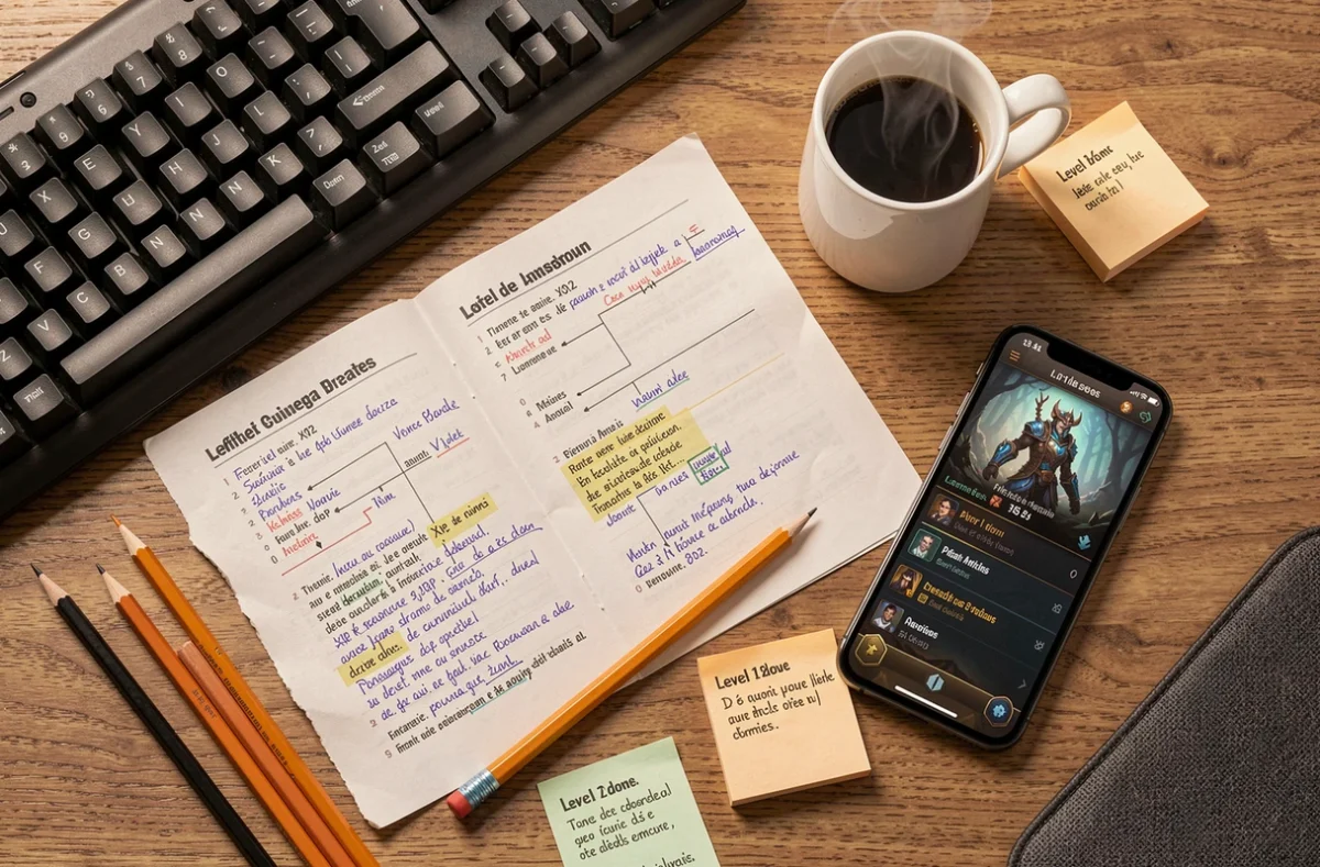 Bureau de joueur avec guide de progression imprimé et notes manuscrites pour optimiser l'XP d'un personnage mineur dans un MMORPG