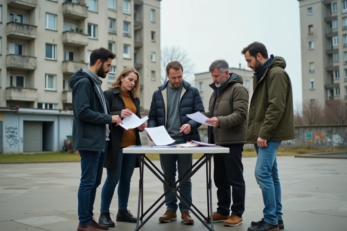 Habitants d'une banlieue française discutant de documents officiels dans une cité HLM