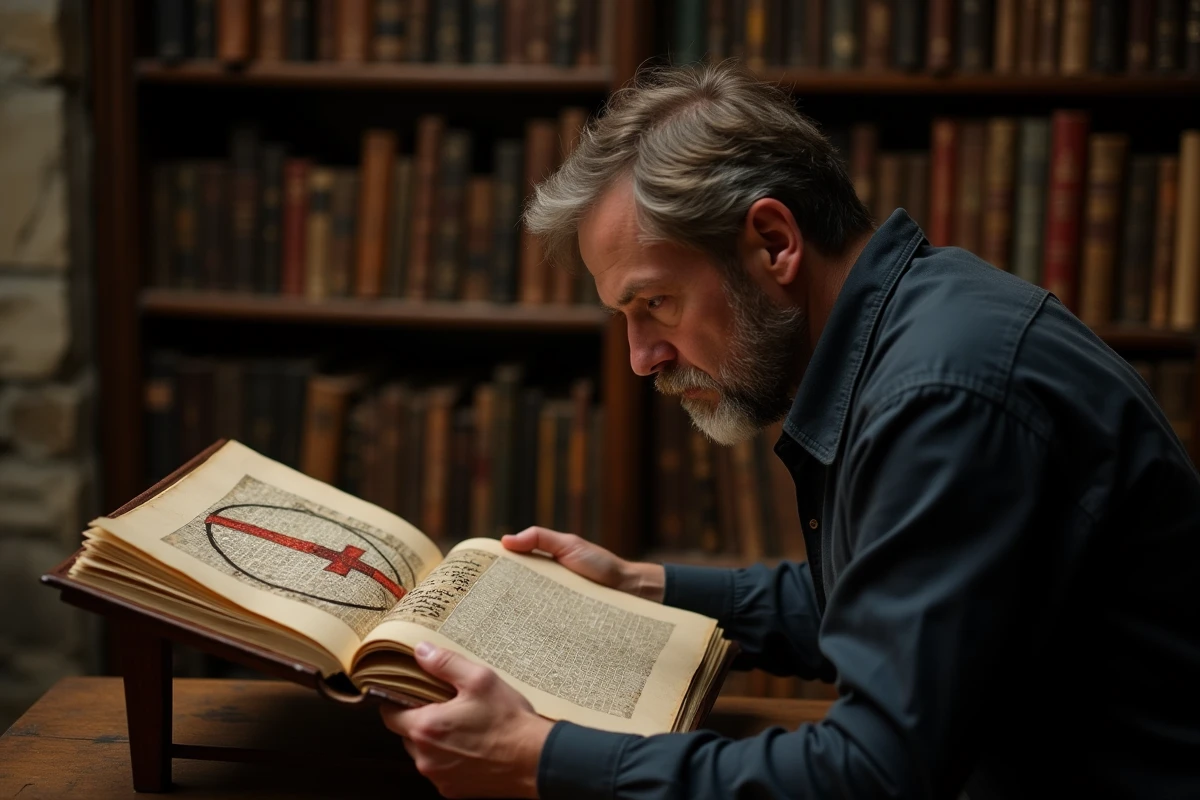 Historien étudiant un manuscrit médiéval illustrant la croix des Templiers dans une salle d'archives aux murs de pierre