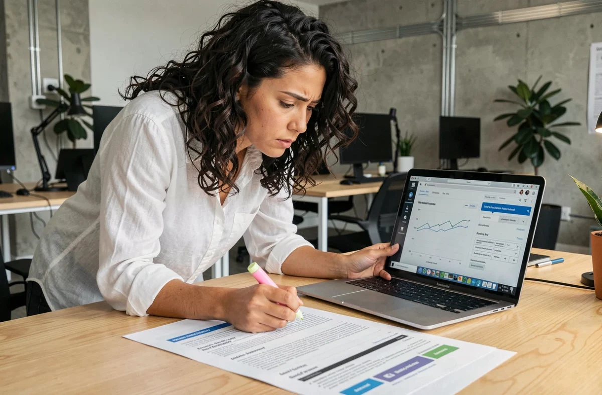 Femme analyste examinant l'historique d'enregistrement d'un nom de domaine imprimé dans un espace de coworking