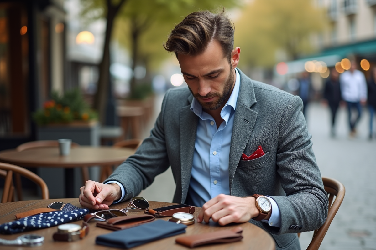 Homme choisissant ses accessoires en terrasse de café