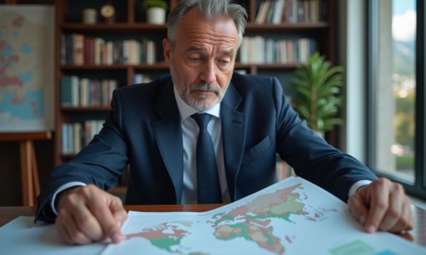 Homme d'affaires français en costume dans un bureau moderne