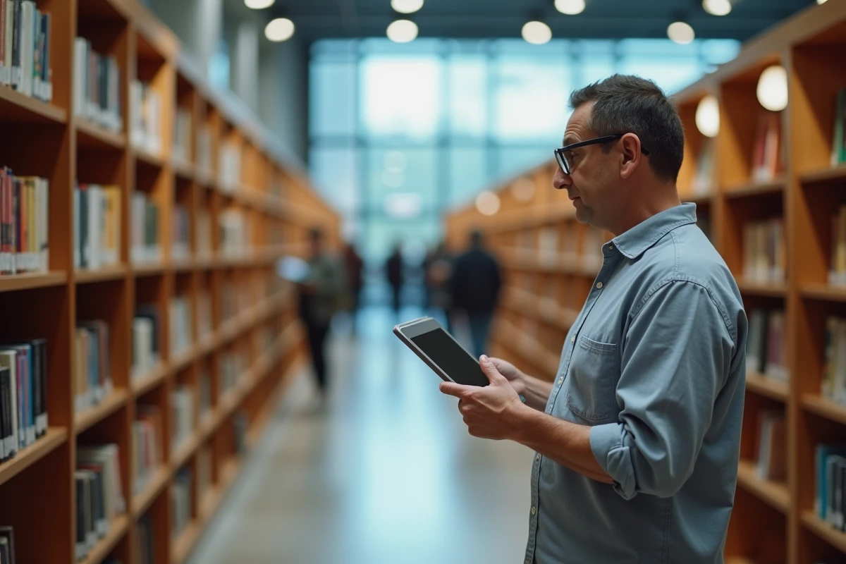 Homme consultant une application de lecture d'ebooks légaux sur tablette dans une bibliothèque publique moderne