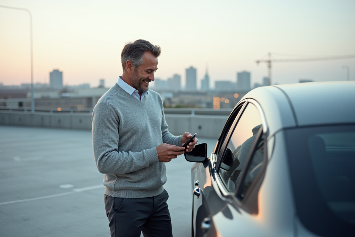 Homme activant la conduite autonome près de sa voiture