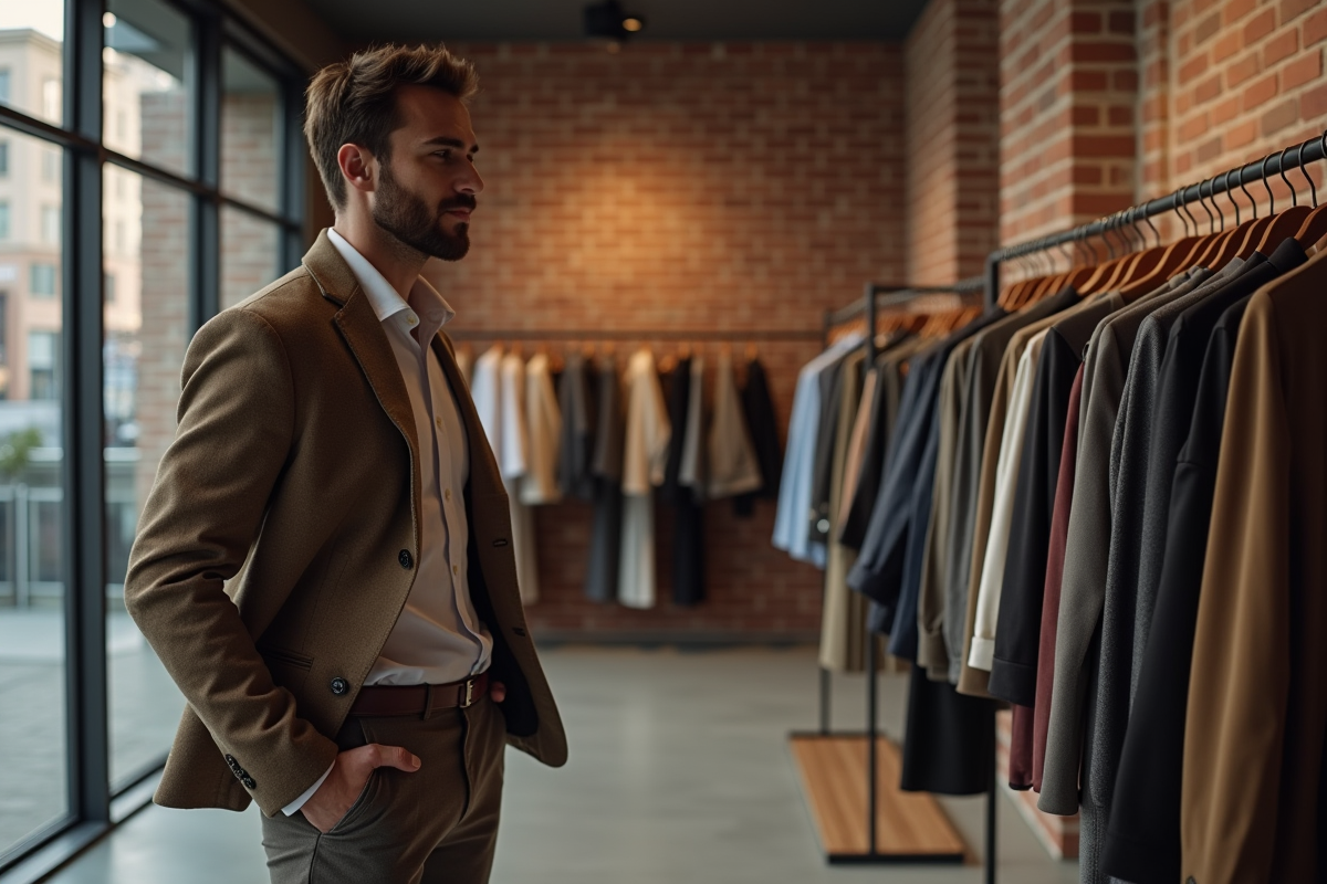 Homme choisissant un vêtement dans une boutique chic