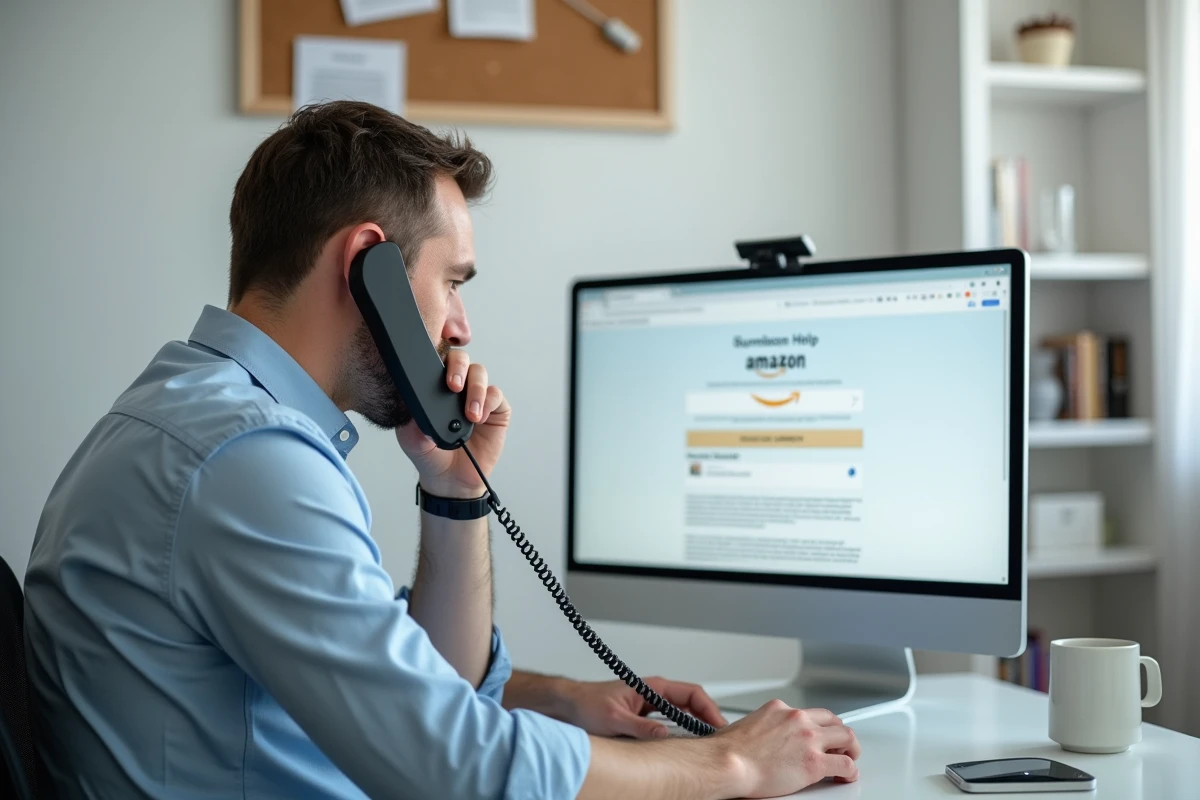 Homme au bureau essayant de contacter un conseiller Amazon par téléphone fixe en consultant le site d'aide