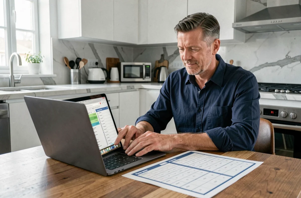 Homme créant un tableau de score Yam imprimable sur ordinateur portable dans une cuisine moderne