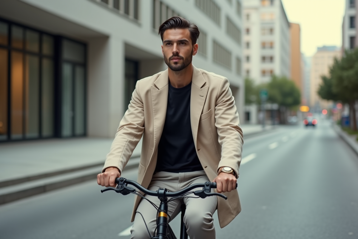 Jeune homme à vélo dans une rue urbaine calme
