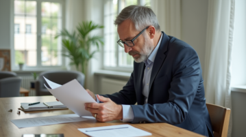 Homme d'affaires en costume bleu lisant des documents dans un appartement moderne