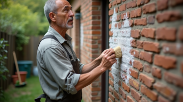Homme examinant des dépôts de sel sur un mur extérieur
