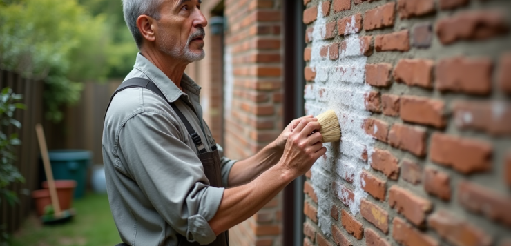 Homme examinant des dépôts de sel sur un mur extérieur