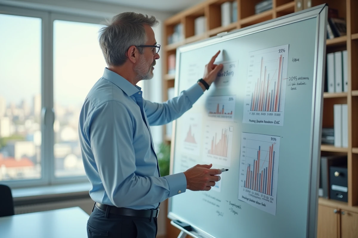 Homme explique des graphiques devant un tableau blanc en bureau