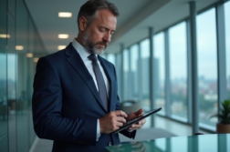 Homme d affaires analysant des graphiques financiers sur une tablette