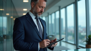 Homme d affaires analysant des graphiques financiers sur une tablette