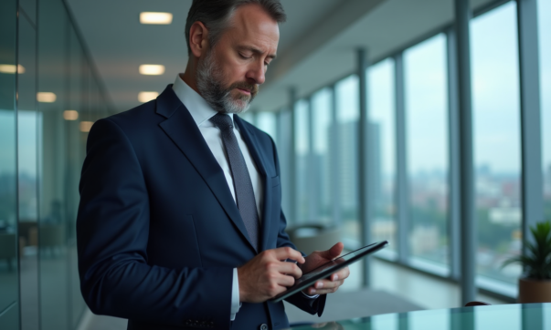 Homme d affaires analysant des graphiques financiers sur une tablette