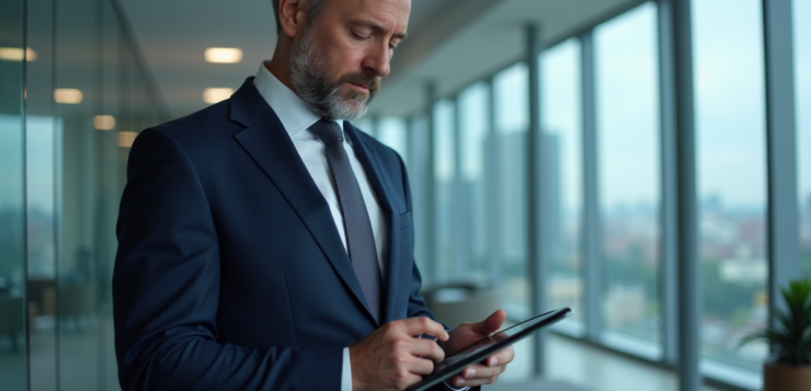 Homme d affaires analysant des graphiques financiers sur une tablette