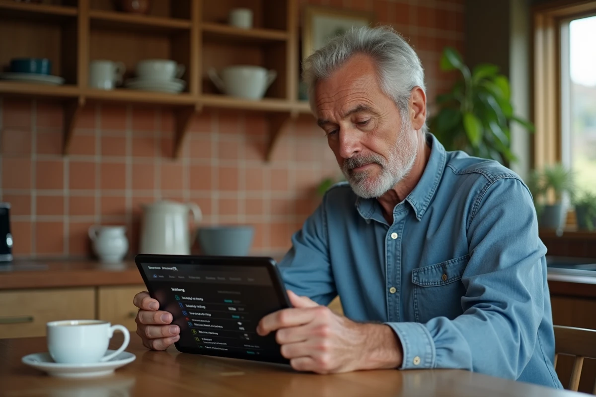 Homme consultant le guide des programmes TV de l'après-midi sur une tablette dans une cuisine moderne
