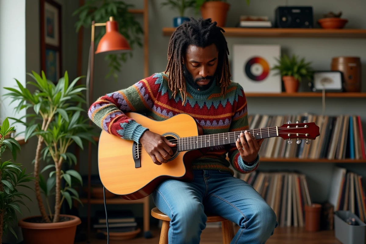 Homme jouant de la guitare dans un studio cosy