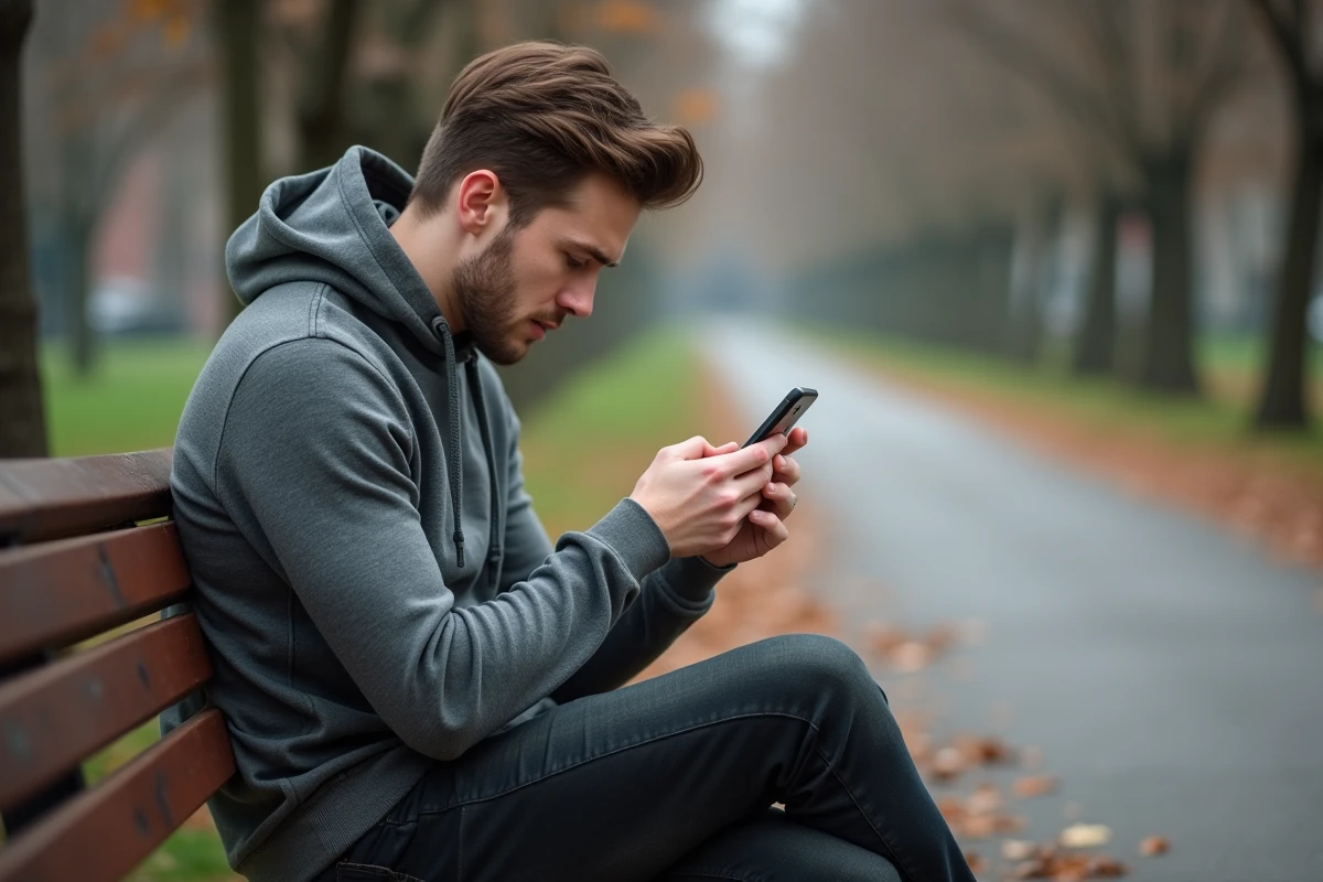 Jeune homme hésitant avant d'envoyer un message sur son téléphone dans un parc, symbolisant les pièges des conversations numériques