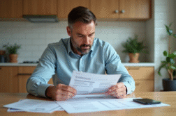 Homme d'âge moyen lisant documents immobiliers dans la cuisine