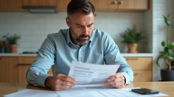 Homme d'âge moyen lisant documents immobiliers dans la cuisine