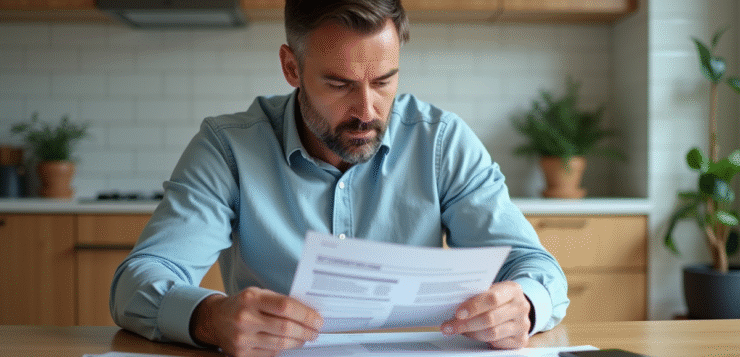Homme d'âge moyen lisant documents immobiliers dans la cuisine