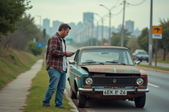 Homme frustré avec voiture en panne sur le bord de route