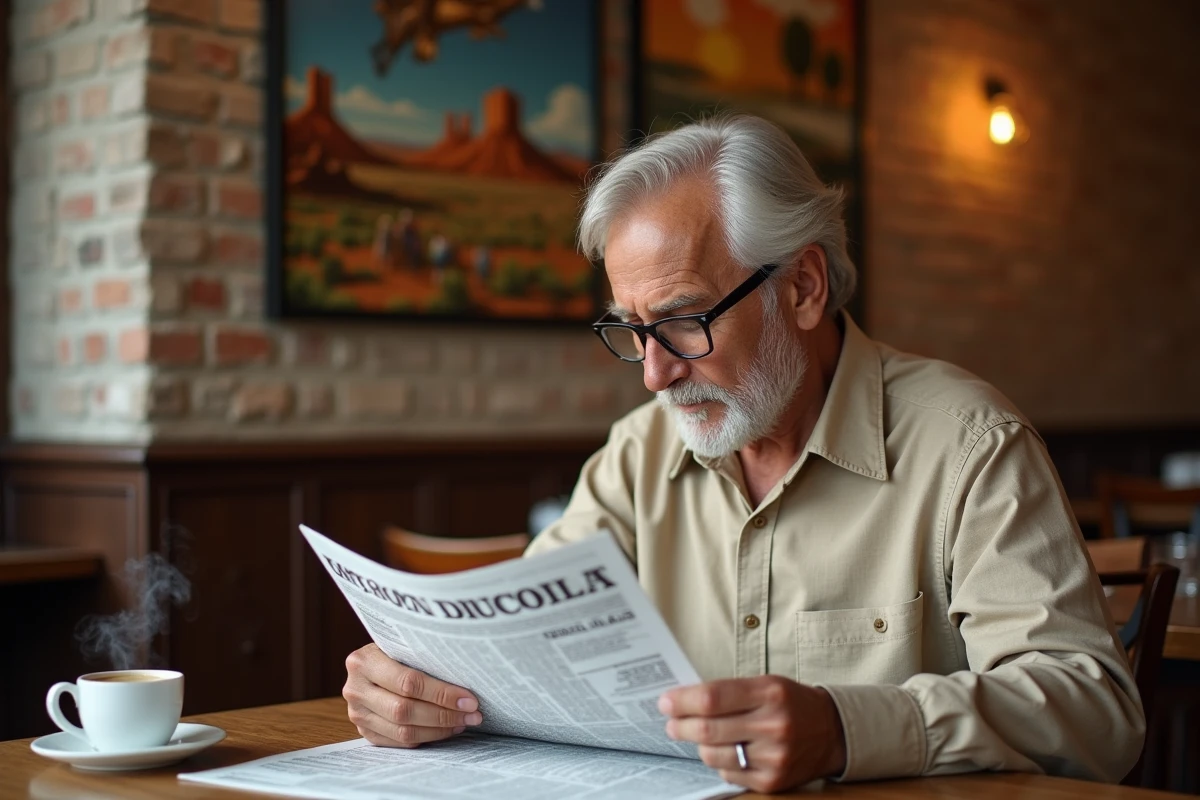Homme d'une cinquantaine d'années résolvant des mots fléchés dans un café avec des affiches vintage du Nevada au mur