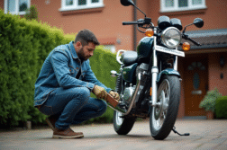 Homme en denim nettoyant sa moto Avenger dans une cour