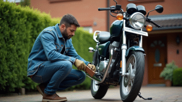 Homme en denim nettoyant sa moto Avenger dans une cour