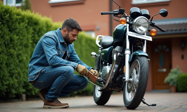 Homme en denim nettoyant sa moto Avenger dans une cour