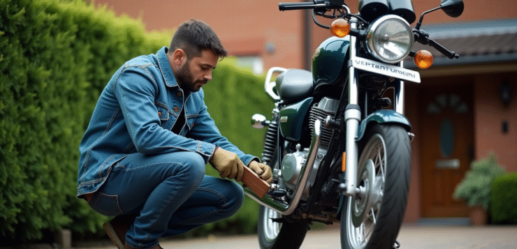 Homme en denim nettoyant sa moto Avenger dans une cour