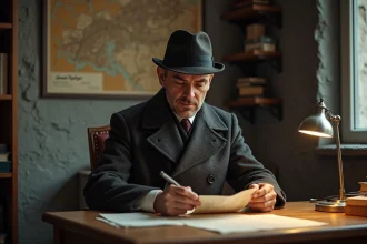 Homme norvegien examine documents anciens dans un appartement