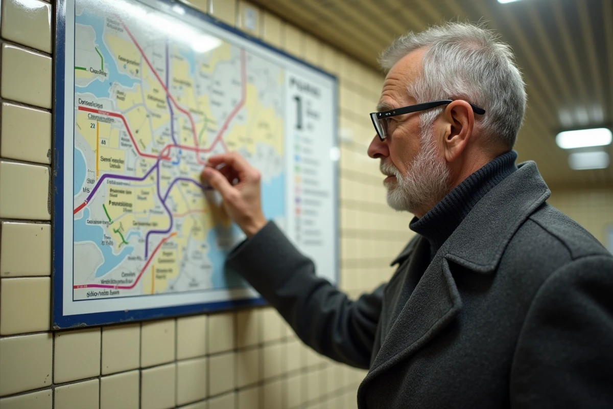 Homme consultant le plan du métro parisien en station, étudiant les correspondances entre les lignes dont la ligne 14