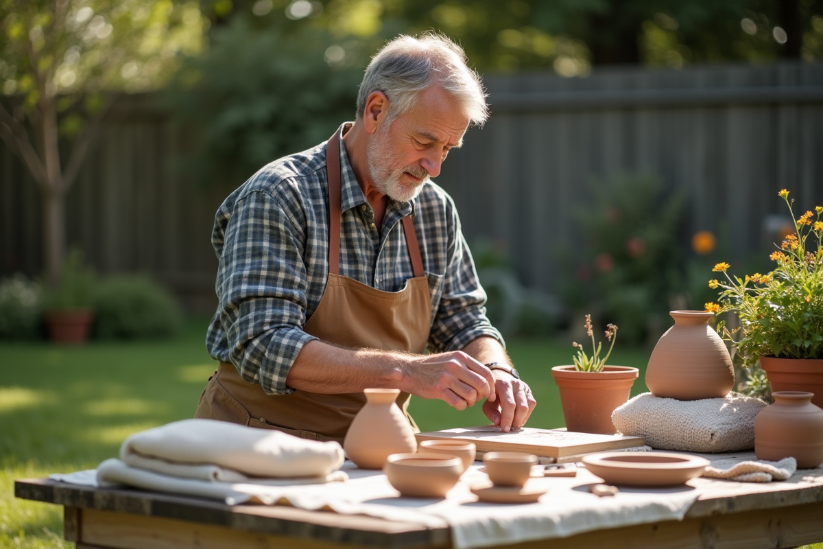 Homme examinant des kits de poterie dans un jardin ensoleille