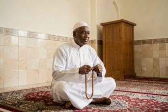 Homme musulman en djellaba blanche effectuant une prière dans une mosquée d'Argenteuil, illustrant les horaires de salat