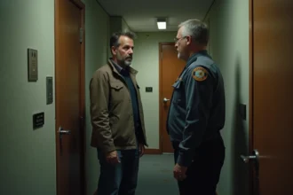 Homme frustré recevant une amende à la porte de son appartement