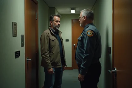 Homme frustré recevant une amende à la porte de son appartement