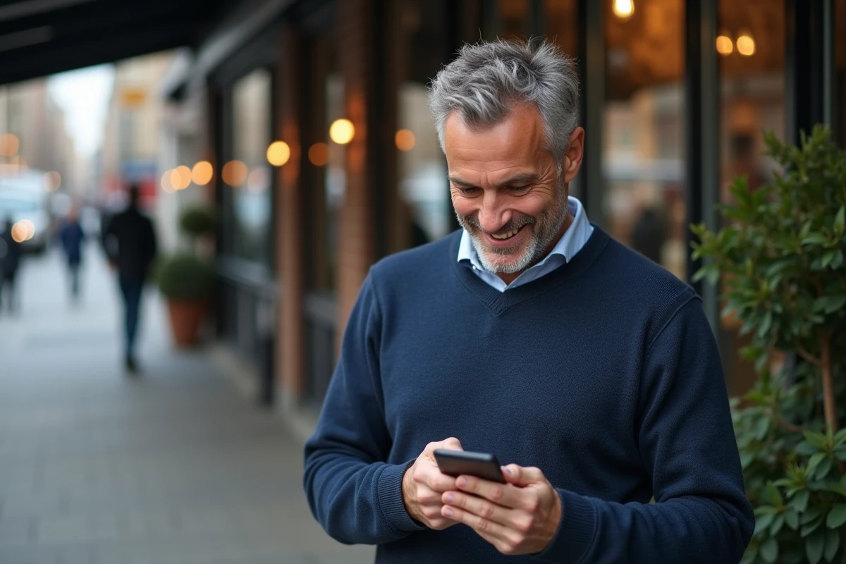 Homme dans la rue avec smartphone devant un café moderne