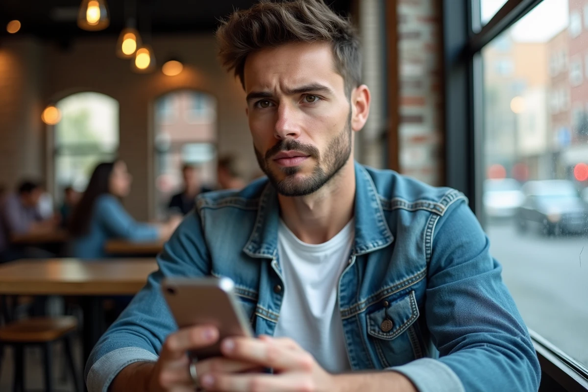 Homme transgenre utilisant une application de rencontre sur smartphone dans un café urbain en examinant des profils