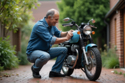 Homme vérifiant l'huile de sa moto en extérieur